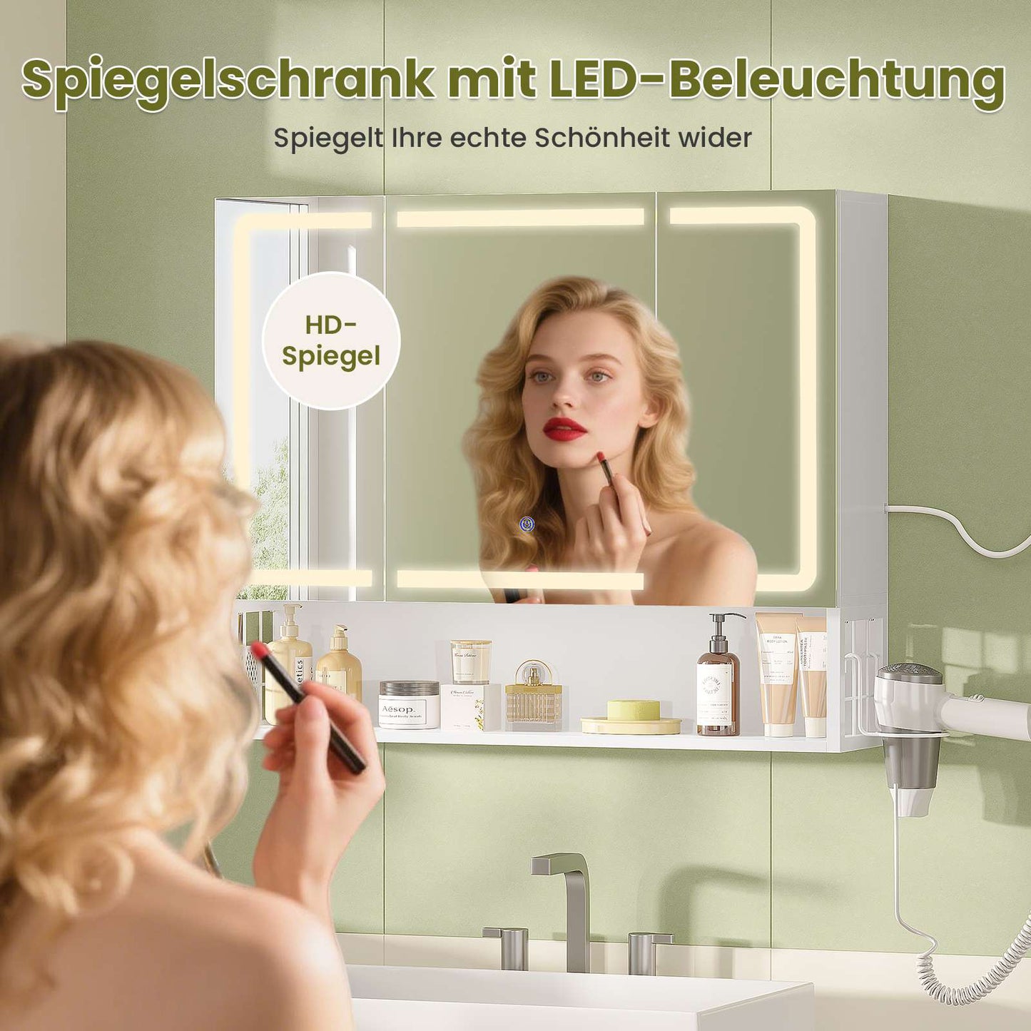 AOGLLATI Spiegelschrank Bad mit LED-Beleuchtung & Steckdose Badezimmerschrank mit 3 Türen Verstellbarem Regal 3 Farbtemperatur dimmbare