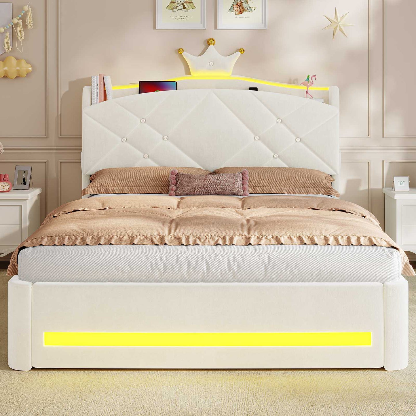 AOGLLATI Polsterbett 140x200 mit Krone-Design Ladestation & LED-Beleuchtung Doppelbett mit Gepolstertes Kopfteil 2 Schubladen