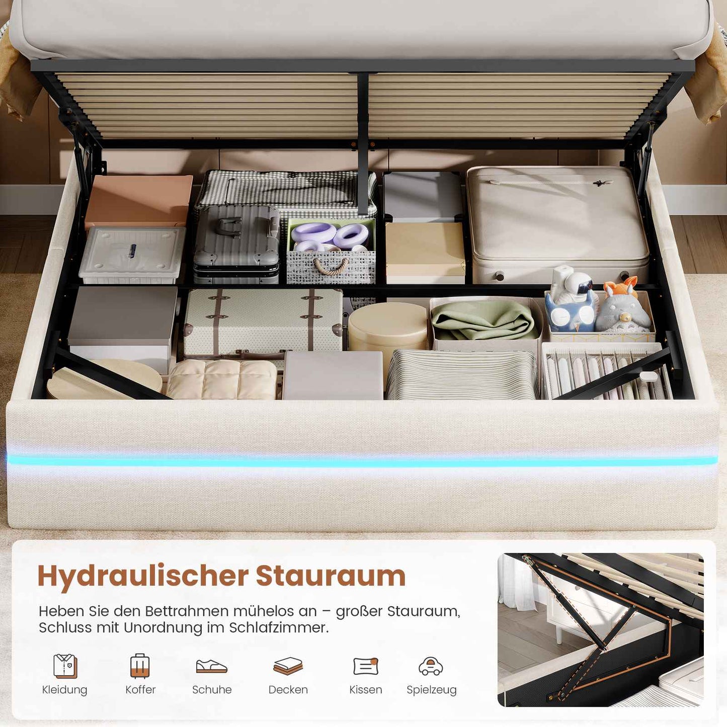 AOGLLATI Bett 160x200 mit Hydraulischem Stauraum Polsterbett mit LED-Kopfteil & Ladestation Jugendbett mit Lattenrost für 160x200 Matratze