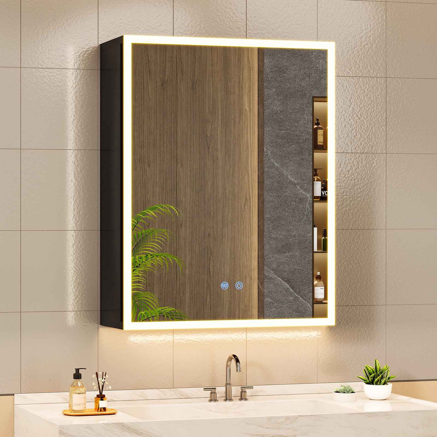 AOGLLATI Spiegelschrank Bad breit mit LED-Beleuchtung & Steckdose Badezimmerschrank mit HD Spiegel & Verstellbarem