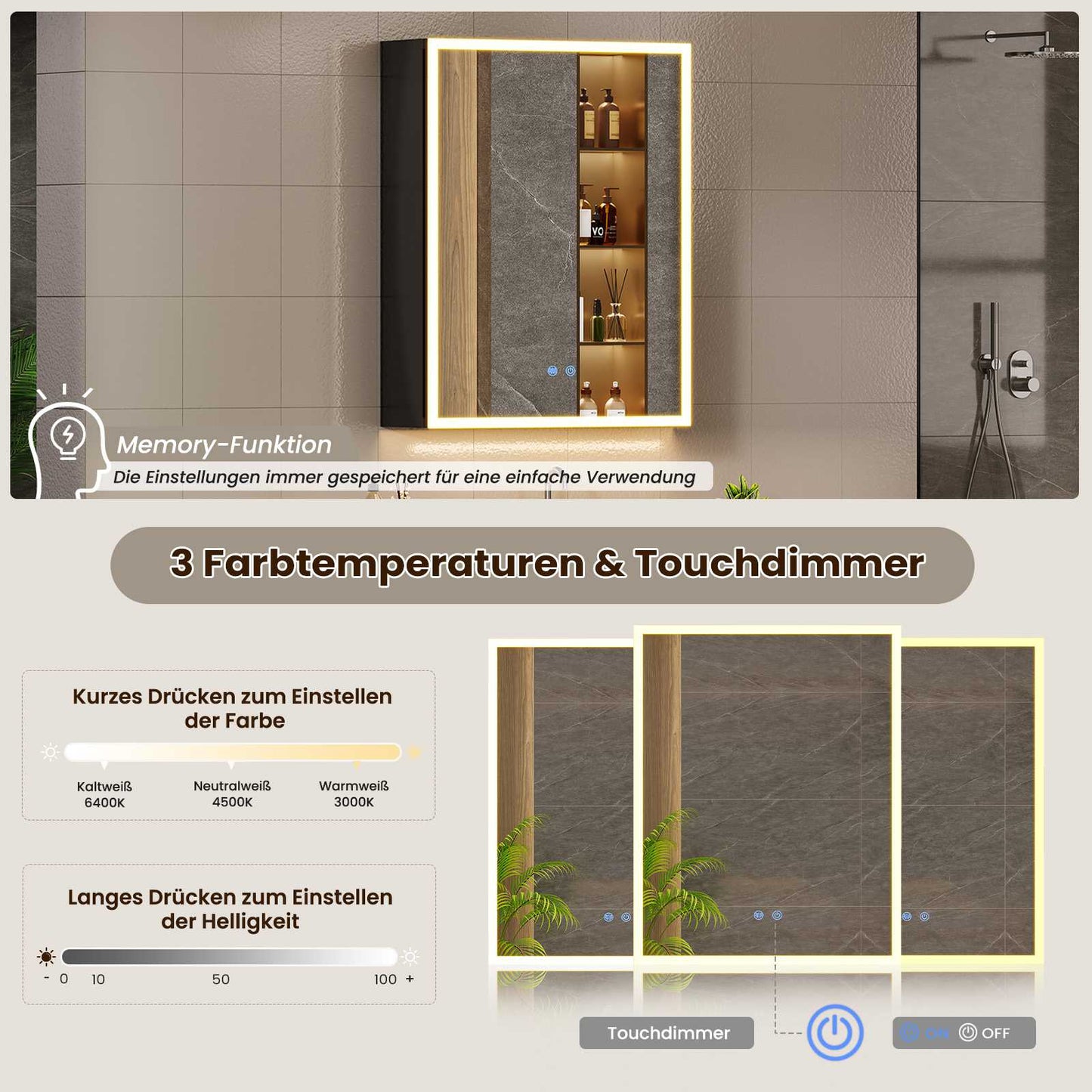 AOGLLATI Spiegelschrank Bad breit mit LED-Beleuchtung & Steckdose Badezimmerschrank mit HD Spiegel & Verstellbarem