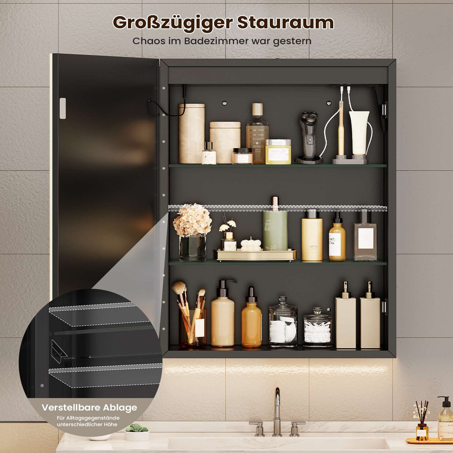AOGLLATI Spiegelschrank Bad breit mit LED-Beleuchtung & Steckdose Badezimmerschrank mit HD Spiegel & Verstellbarem