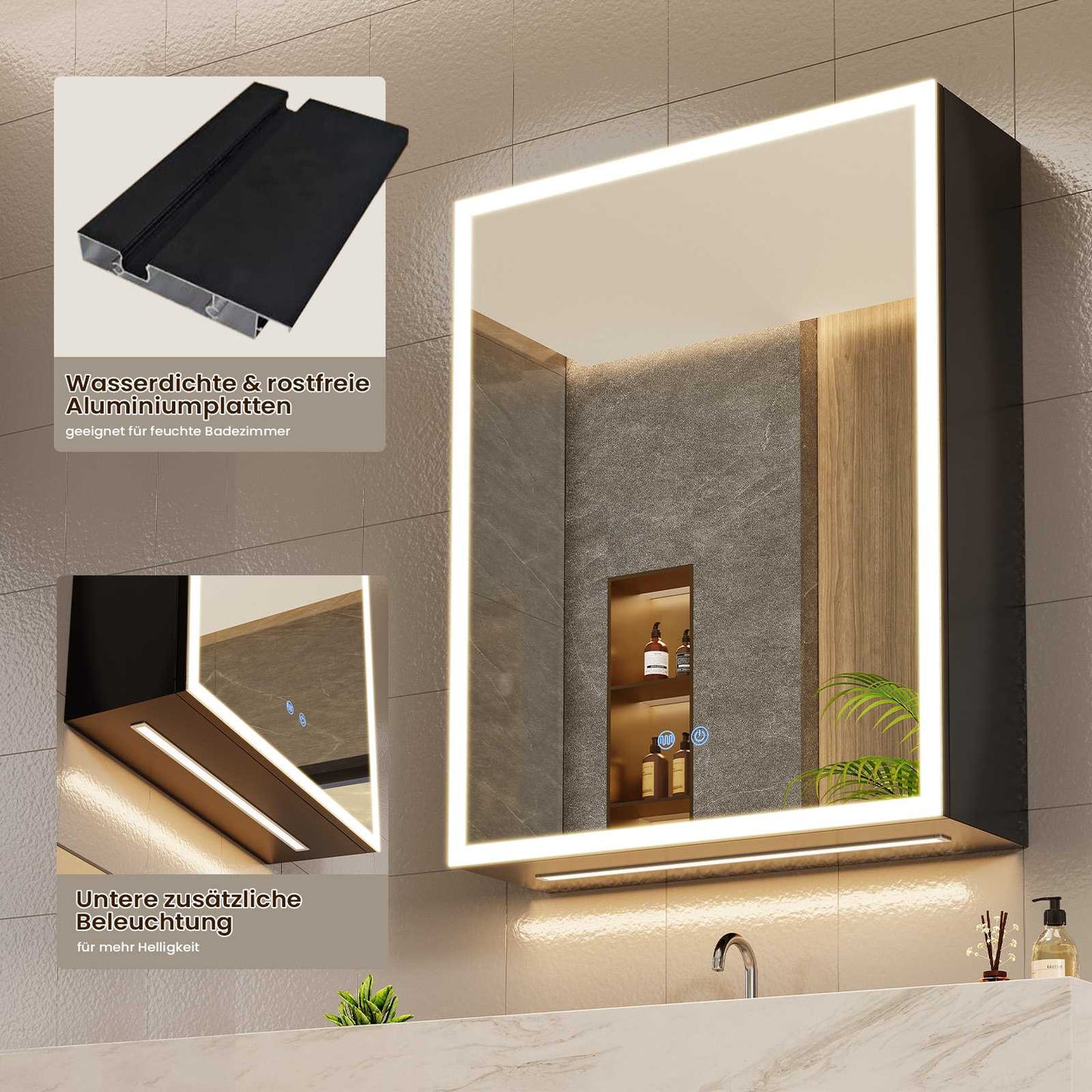 AOGLLATI Spiegelschrank Bad breit mit LED-Beleuchtung & Steckdose Badezimmerschrank mit HD Spiegel & Verstellbarem