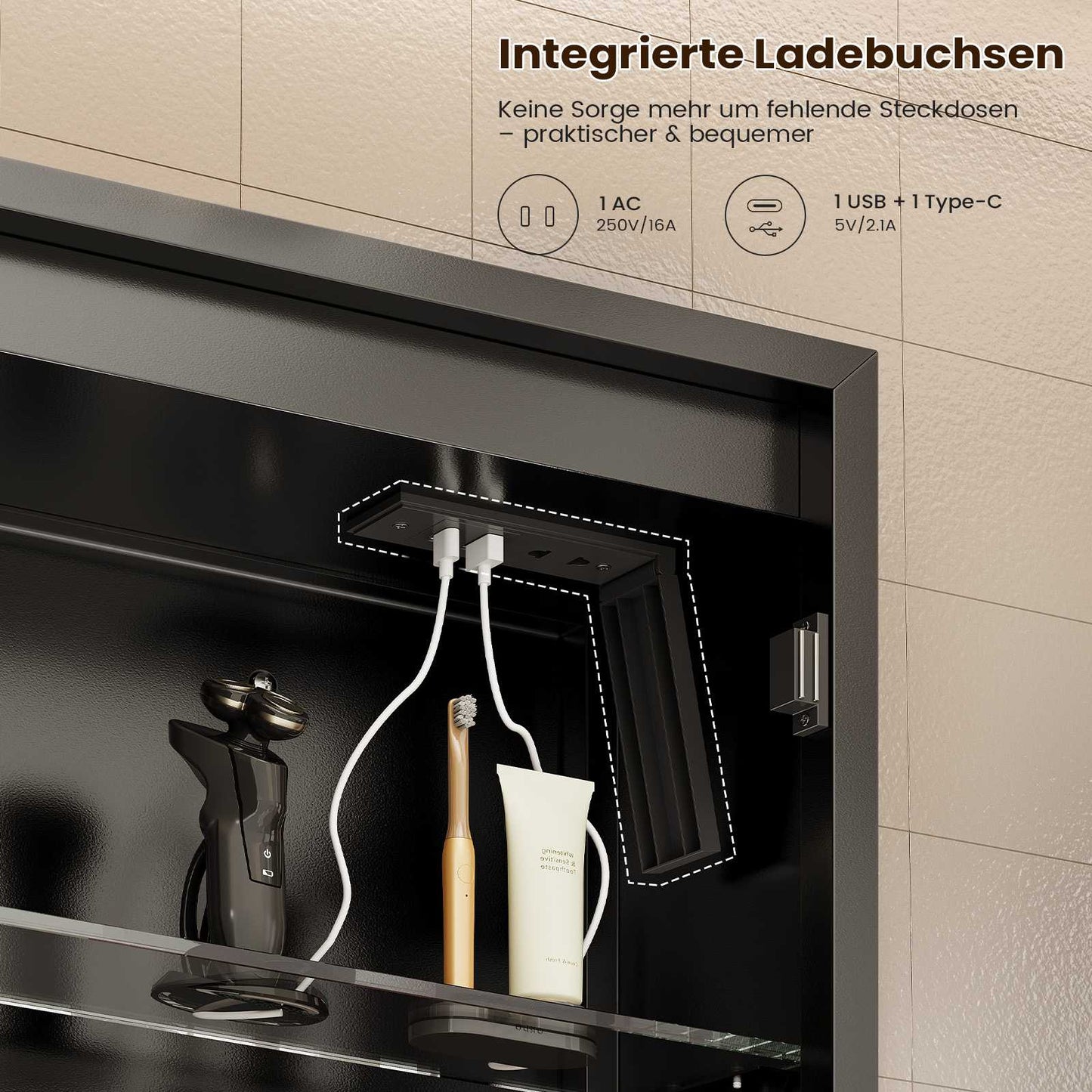 AOGLLATI Spiegelschrank Bad breit mit LED-Beleuchtung & Steckdose Badezimmerschrank mit HD Spiegel & Verstellbarem