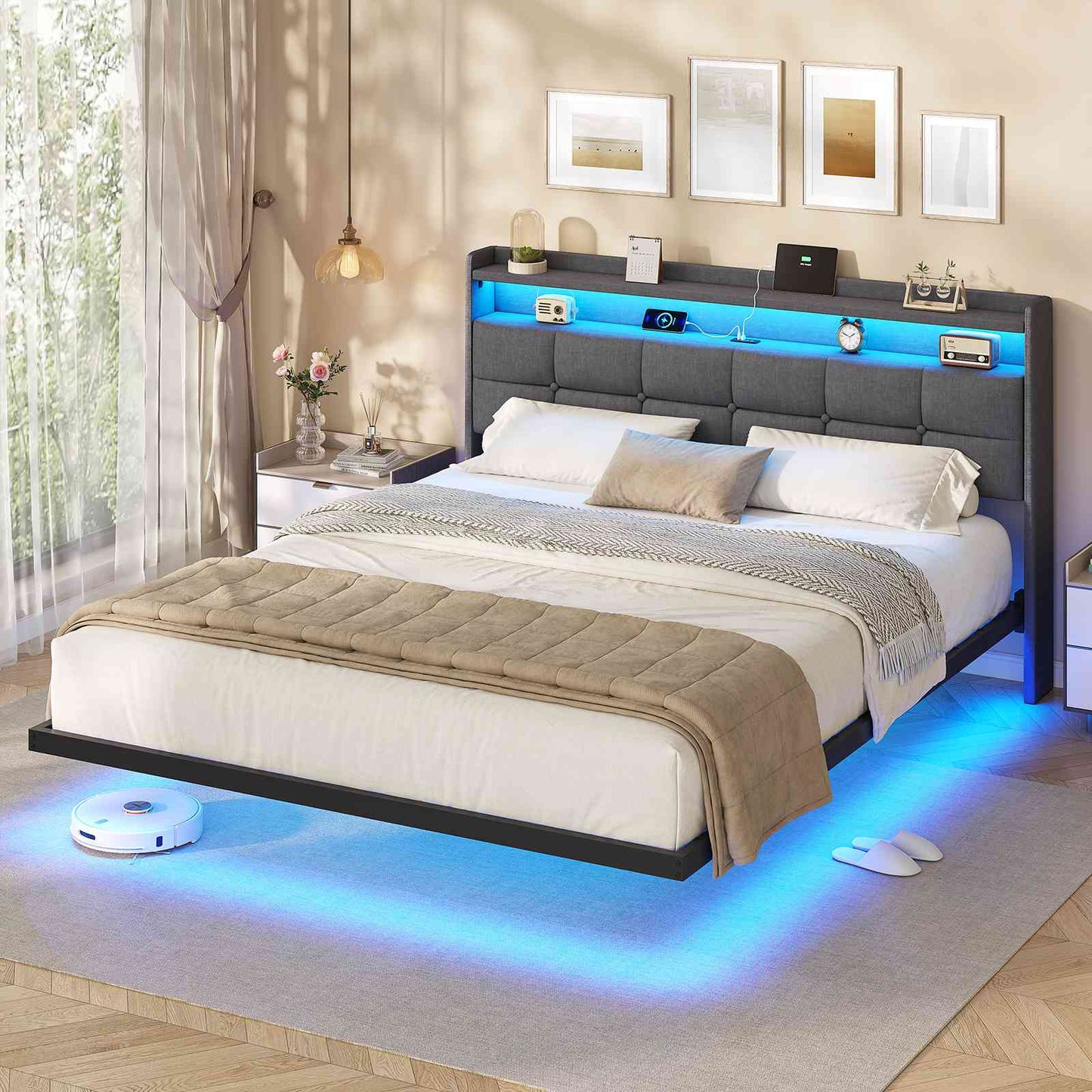 AOGLLATI Polsterbett 160x200 cm Doppelbettgestell Bettrahmen mit LED-Beleuchtung und Ladestation Bettgestell mit Kopfteil Bett Schwebebettrahmen
