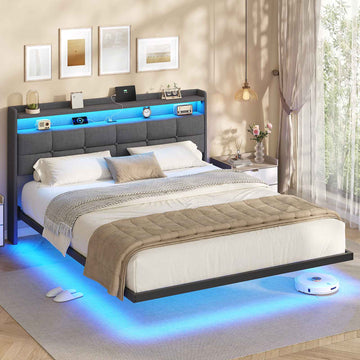 AOGLLATI Polsterbett 160x200 cm Doppelbettgestell Bettrahmen mit LED-Beleuchtung und Ladestation Bettgestell mit Kopfteil Bett Schwebebettrahmen