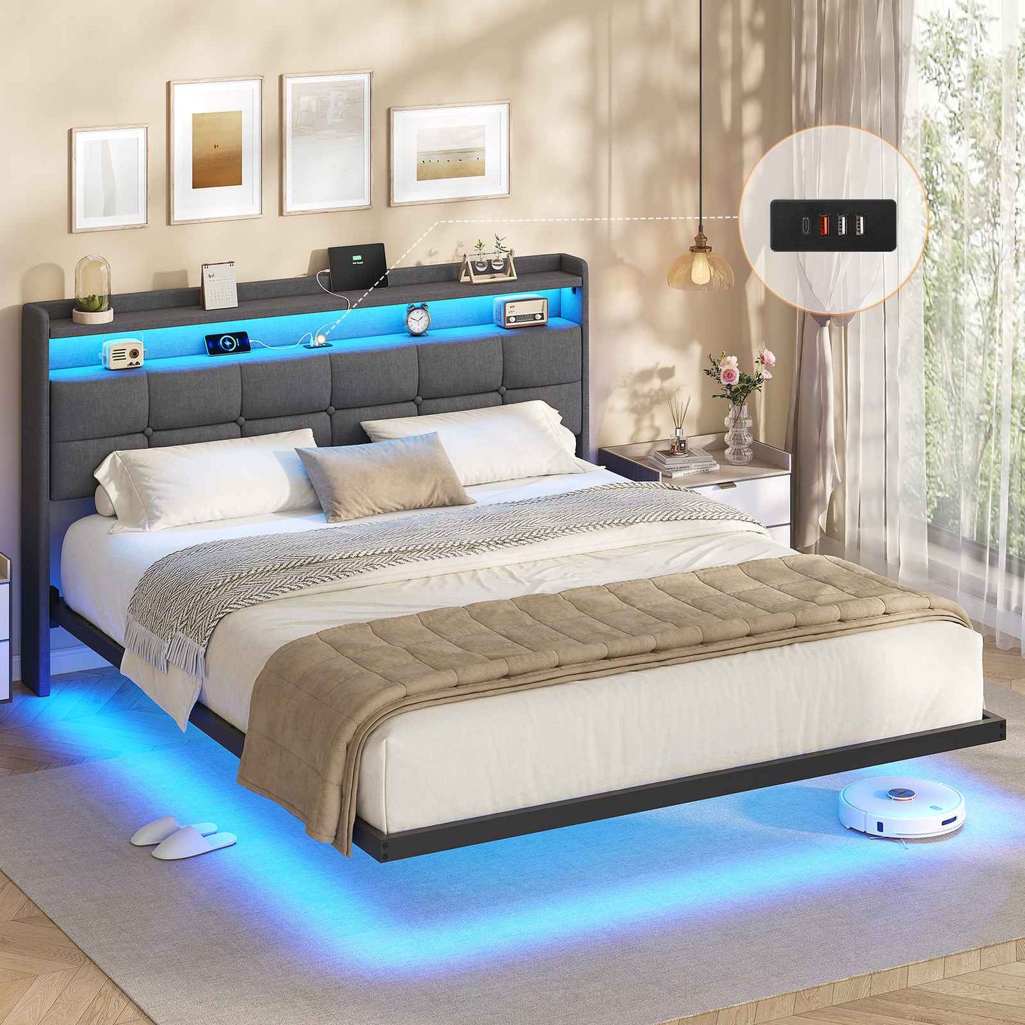 AOGLLATI Polsterbett 160x200 cm Doppelbettgestell Bettrahmen mit LED-Beleuchtung und Ladestation Bettgestell mit Kopfteil Bett Schwebebettrahmen