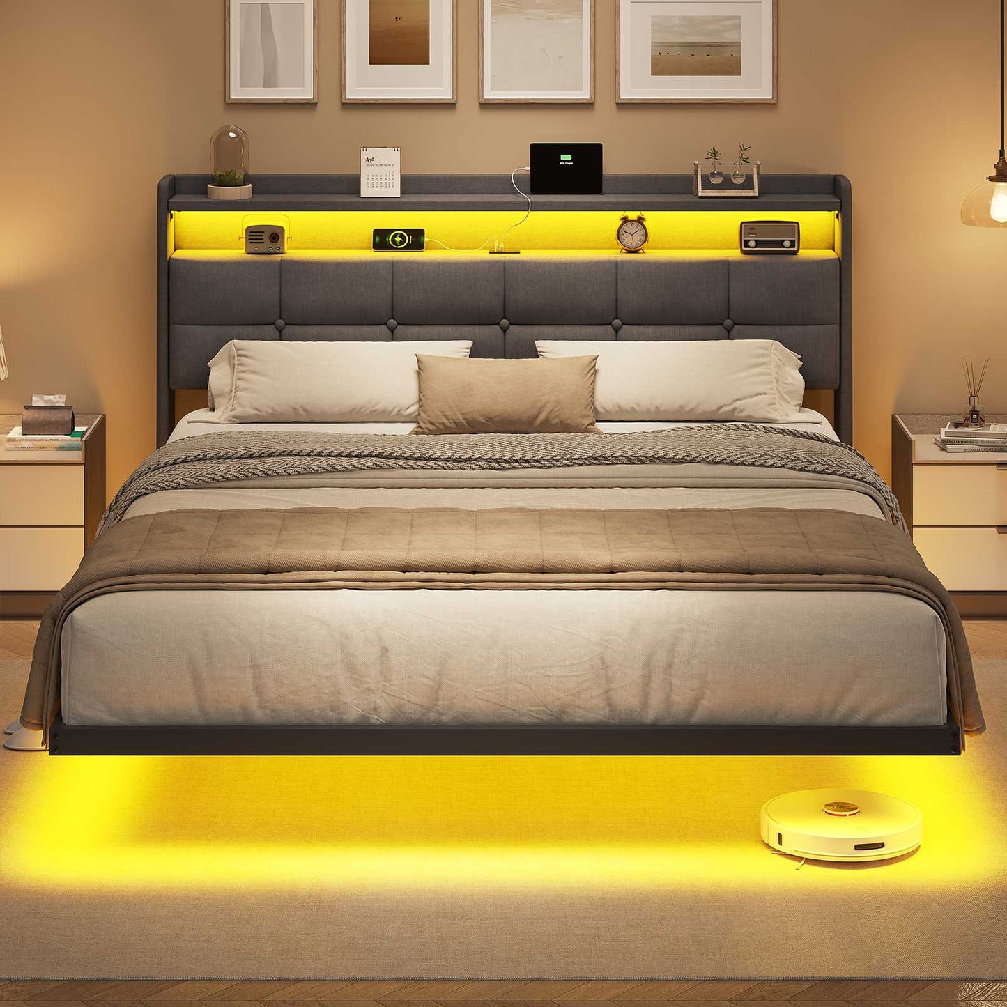AOGLLATI Polsterbett 160x200 cm Doppelbettgestell Bettrahmen mit LED-Beleuchtung und Ladestation Bettgestell mit Kopfteil Bett Schwebebettrahmen