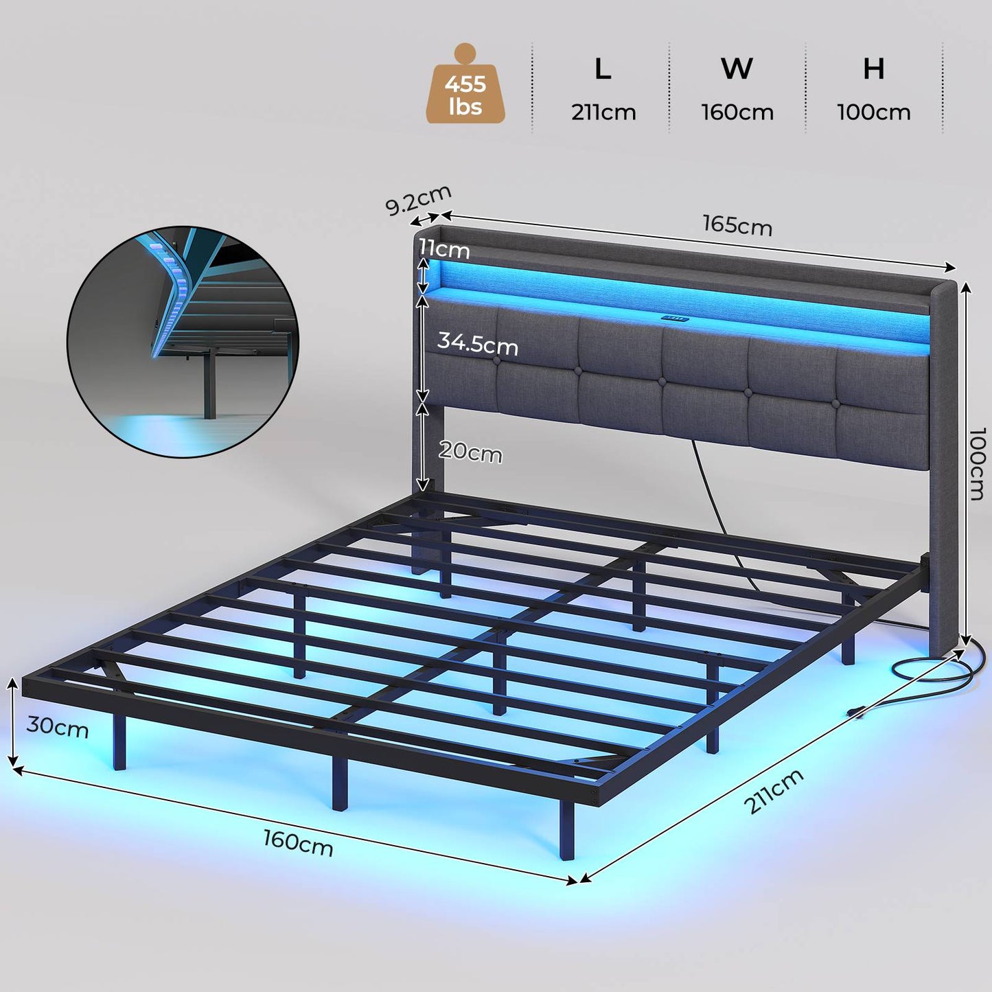 AOGLLATI Polsterbett 160x200 cm Doppelbettgestell Bettrahmen mit LED-Beleuchtung und Ladestation Bettgestell mit Kopfteil Bett Schwebebettrahmen