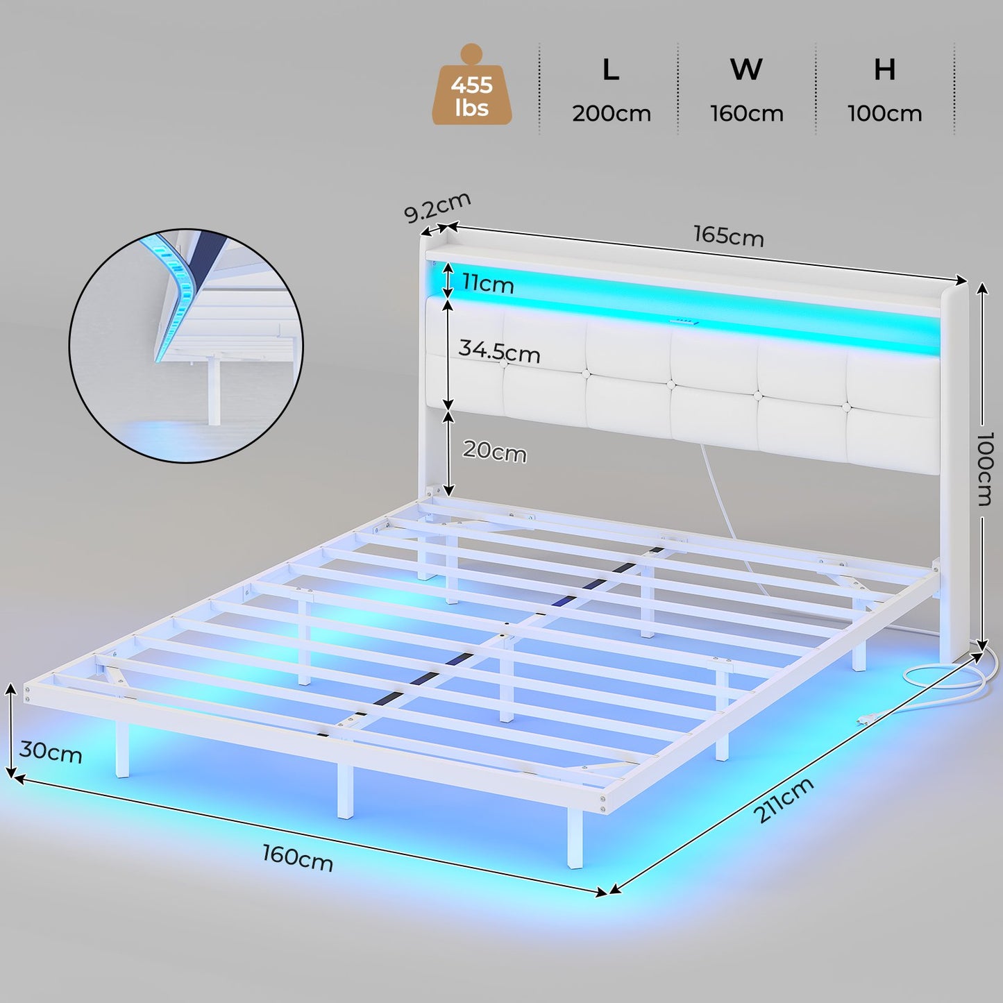 AOGLLATI Polsterbett 160x200 cm Doppelbettgestell Bettrahmen mit LED-Beleuchtung und Ladestation Bettgestell mit Kopfteil Bett Schwebebettrahmen