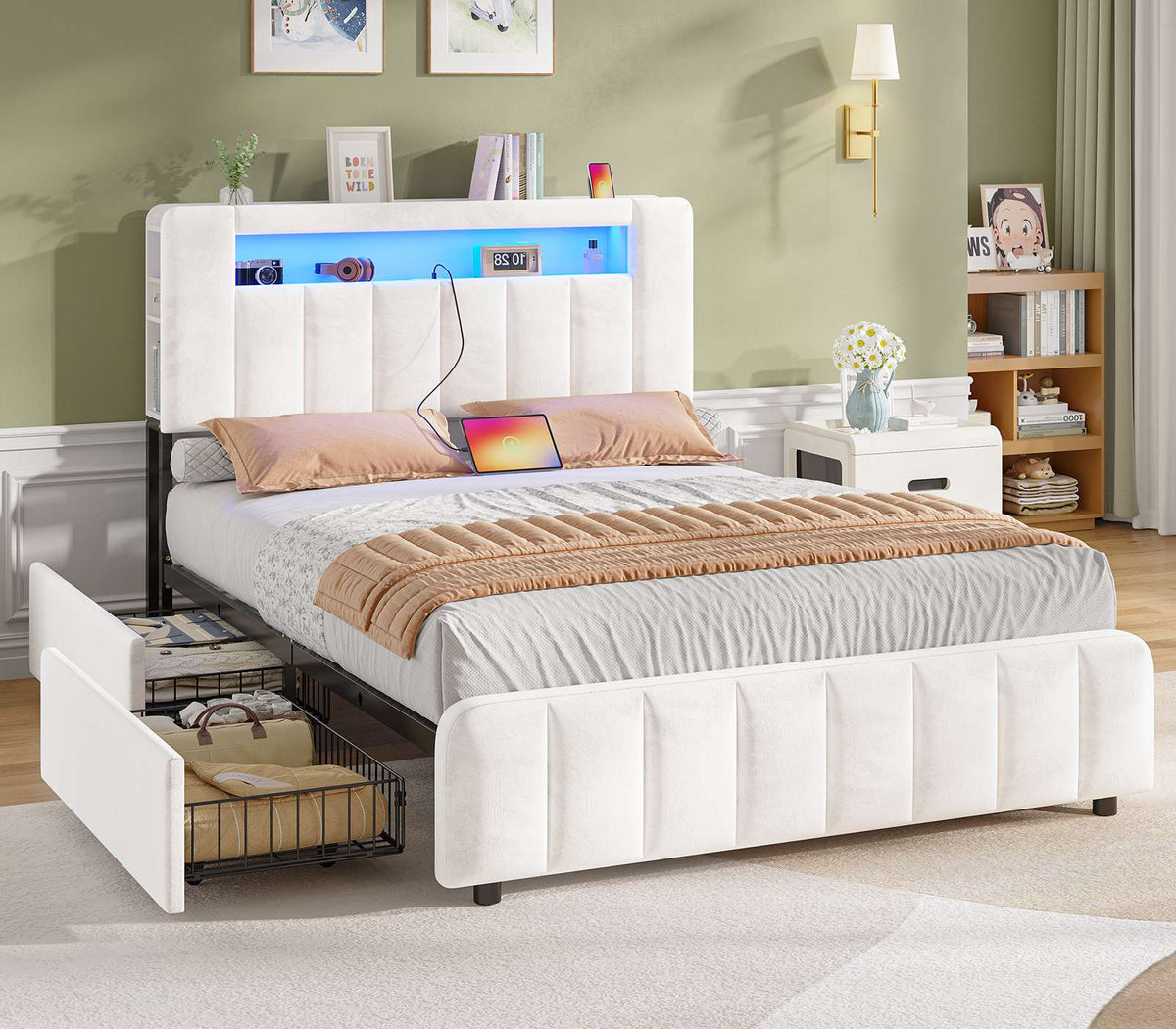 AOGLLATI Polsterbett 140x190 mit Stauraum - 4 Schubladen Jugendbett mit LED-Beleuchtung & Ladestation Doppelbett mit Kopfteil aus Samt