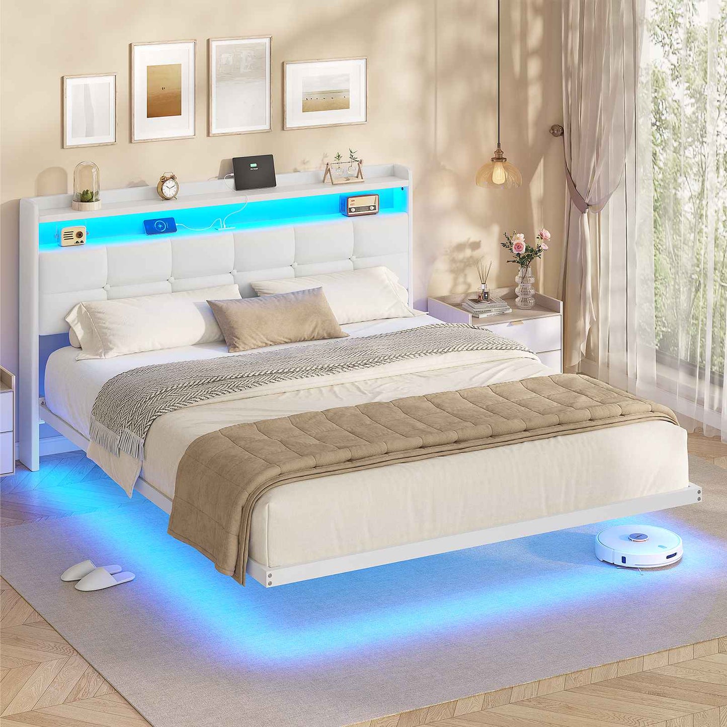 AOGLLATI Polsterbett 160x200 cm Doppelbettgestell Bettrahmen mit LED-Beleuchtung und Ladestation Bettgestell mit Kopfteil Bett Schwebebettrahmen