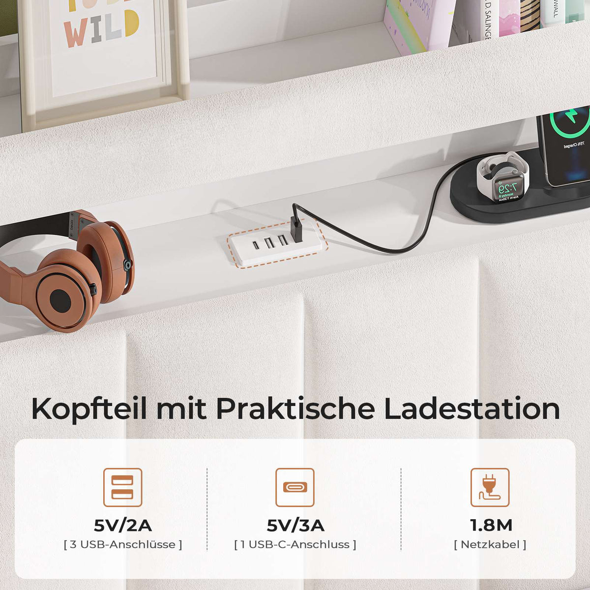 AOGLLATI Polsterbett 140x190 mit Stauraum - 4 Schubladen Jugendbett mit LED-Beleuchtung & Ladestation Doppelbett mit Kopfteil aus Samt