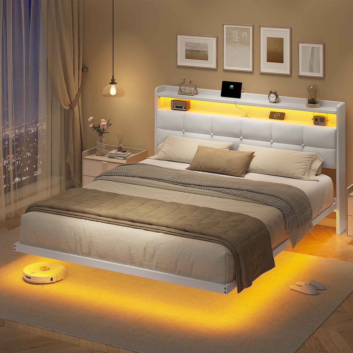 AOGLLATI Polsterbett 160x200 cm Doppelbettgestell Bettrahmen mit LED-Beleuchtung und Ladestation Bettgestell mit Kopfteil Bett Schwebebettrahmen