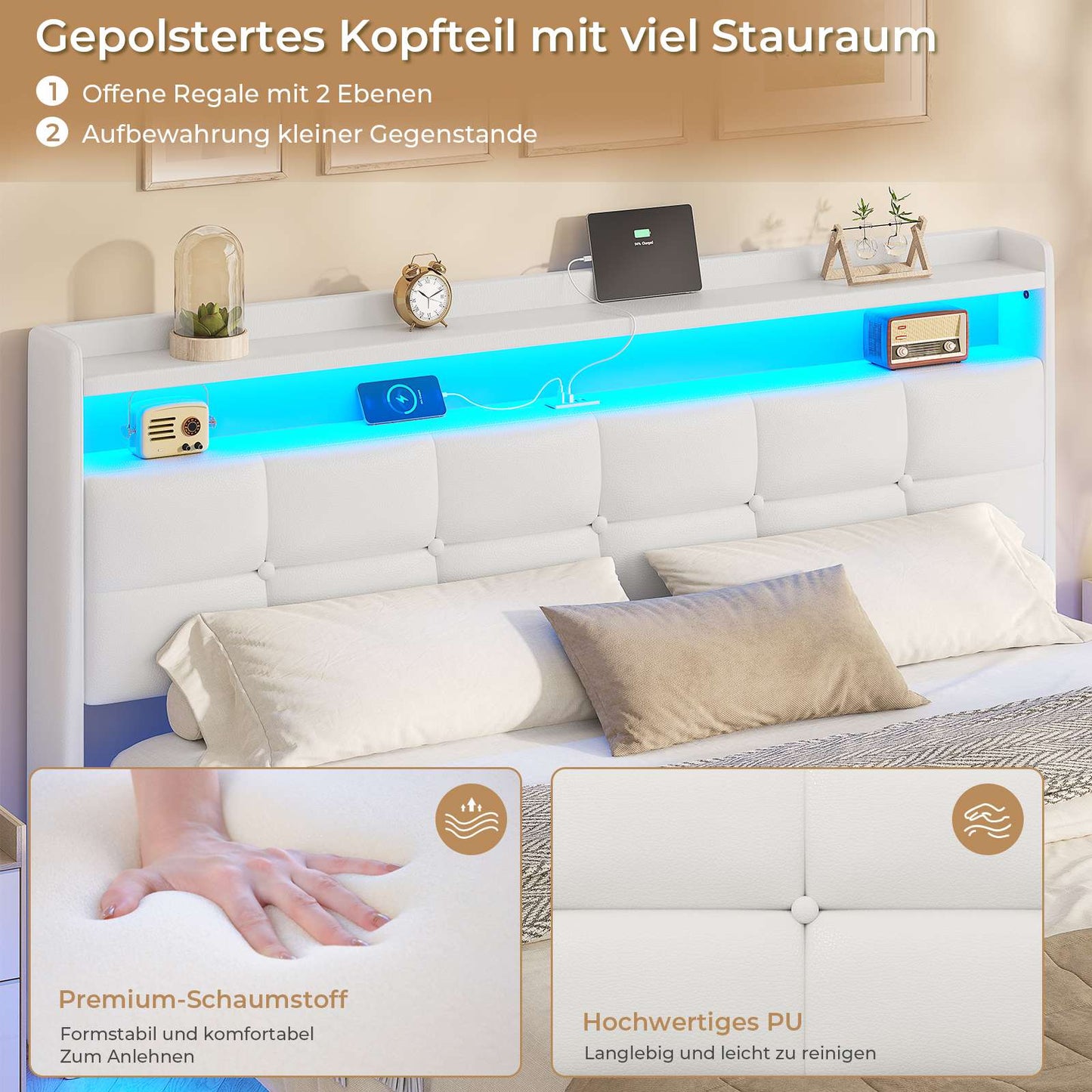 AOGLLATI Polsterbett 160x200 cm Doppelbettgestell Bettrahmen mit LED-Beleuchtung und Ladestation Bettgestell mit Kopfteil Bett Schwebebettrahmen