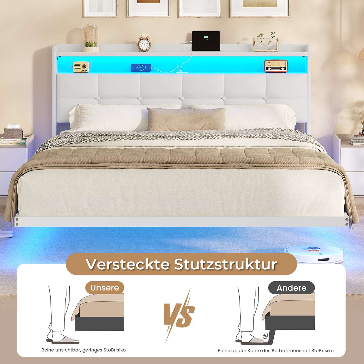 AOGLLATI Polsterbett 160x200 cm Doppelbettgestell Bettrahmen mit LED-Beleuchtung und Ladestation Bettgestell mit Kopfteil Bett Schwebebettrahmen