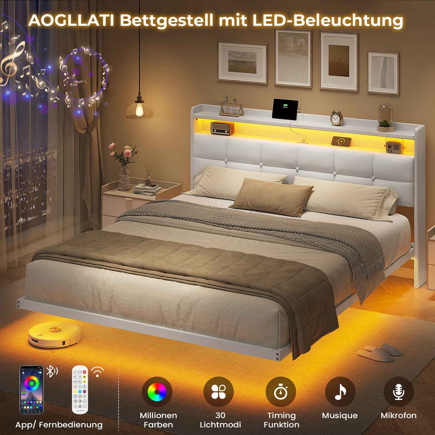AOGLLATI Polsterbett 160x200 cm Doppelbettgestell Bettrahmen mit LED-Beleuchtung und Ladestation Bettgestell mit Kopfteil Bett Schwebebettrahmen