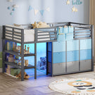AOGLLATI Hochbett 90x200 mit LED 9 Schubladen Treppe als Ablagen nutzbar Kinderbett mit Rausfallschutz 32 cm Spielvorhang