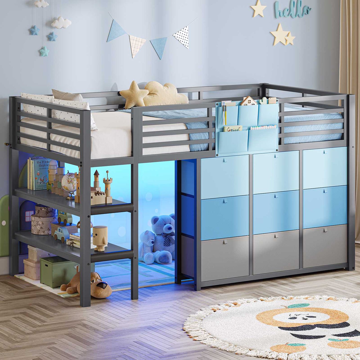 AOGLLATI Hochbett 90x200 mit LED 9 Schubladen Treppe als Ablagen nutzbar Kinderbett mit Rausfallschutz 32 cm Spielvorhang