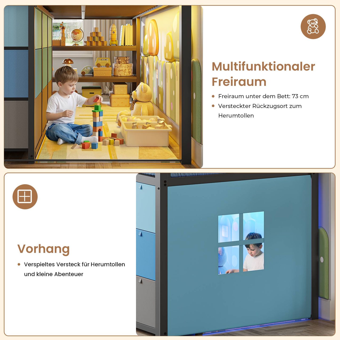 AOGLLATI Hochbett 90x200 mit LED 9 Schubladen Treppe als Ablagen nutzbar Kinderbett mit Rausfallschutz 32 cm Spielvorhang