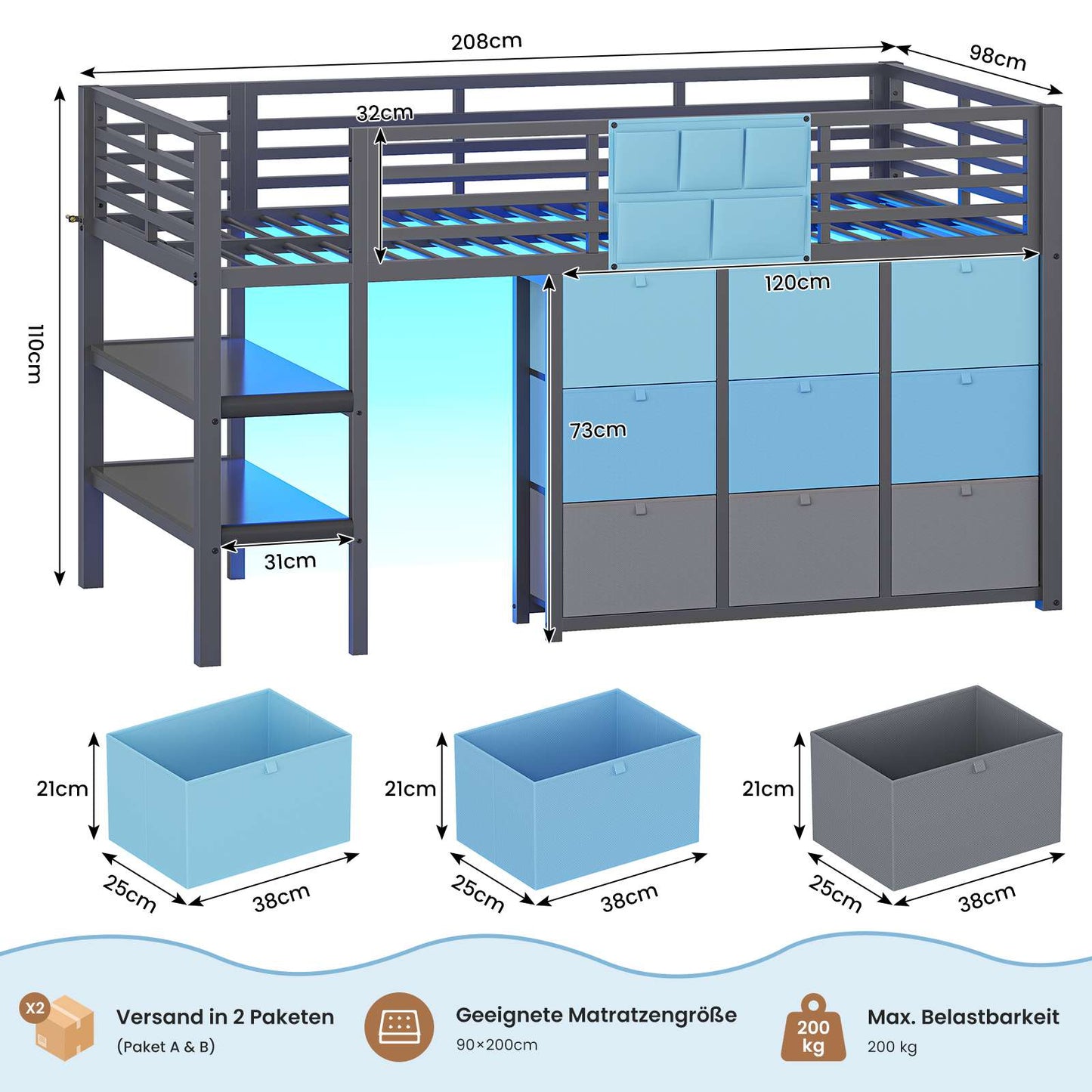AOGLLATI Hochbett 90x200 mit LED 9 Schubladen Treppe als Ablagen nutzbar Kinderbett mit Rausfallschutz 32 cm Spielvorhang