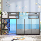 AOGLLATI Hochbett 90x200 mit LED 9 Schubladen Treppe als Ablagen nutzbar Kinderbett mit Rausfallschutz 32 cm Spielvorhang