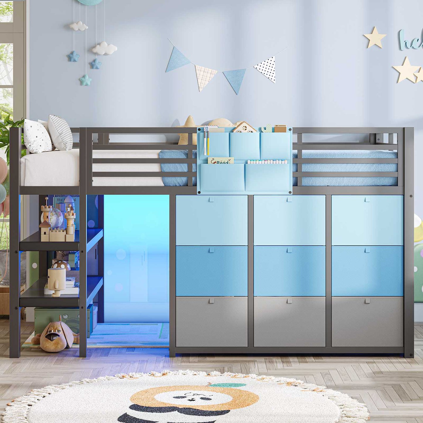 AOGLLATI Hochbett 90x200 mit LED 9 Schubladen Treppe als Ablagen nutzbar Kinderbett mit Rausfallschutz 32 cm Spielvorhang