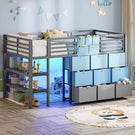 AOGLLATI Hochbett 90x200 mit LED 9 Schubladen Treppe als Ablagen nutzbar Kinderbett mit Rausfallschutz 32 cm Spielvorhang