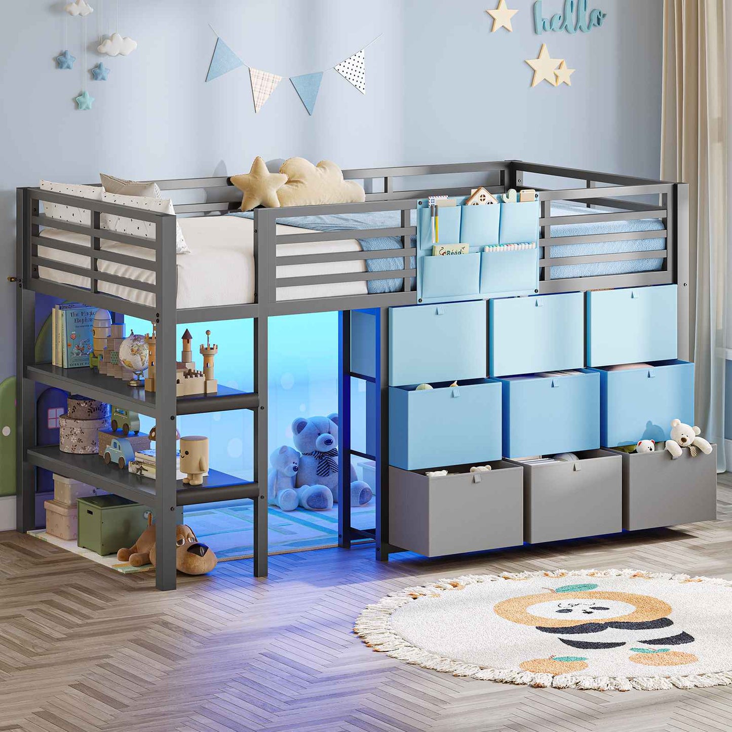 AOGLLATI Hochbett 90x200 mit LED 9 Schubladen Treppe als Ablagen nutzbar Kinderbett mit Rausfallschutz 32 cm Spielvorhang