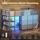 AOGLLATI Hochbett 90x200 mit LED 9 Schubladen Treppe als Ablagen nutzbar Kinderbett mit Rausfallschutz 32 cm Spielvorhang