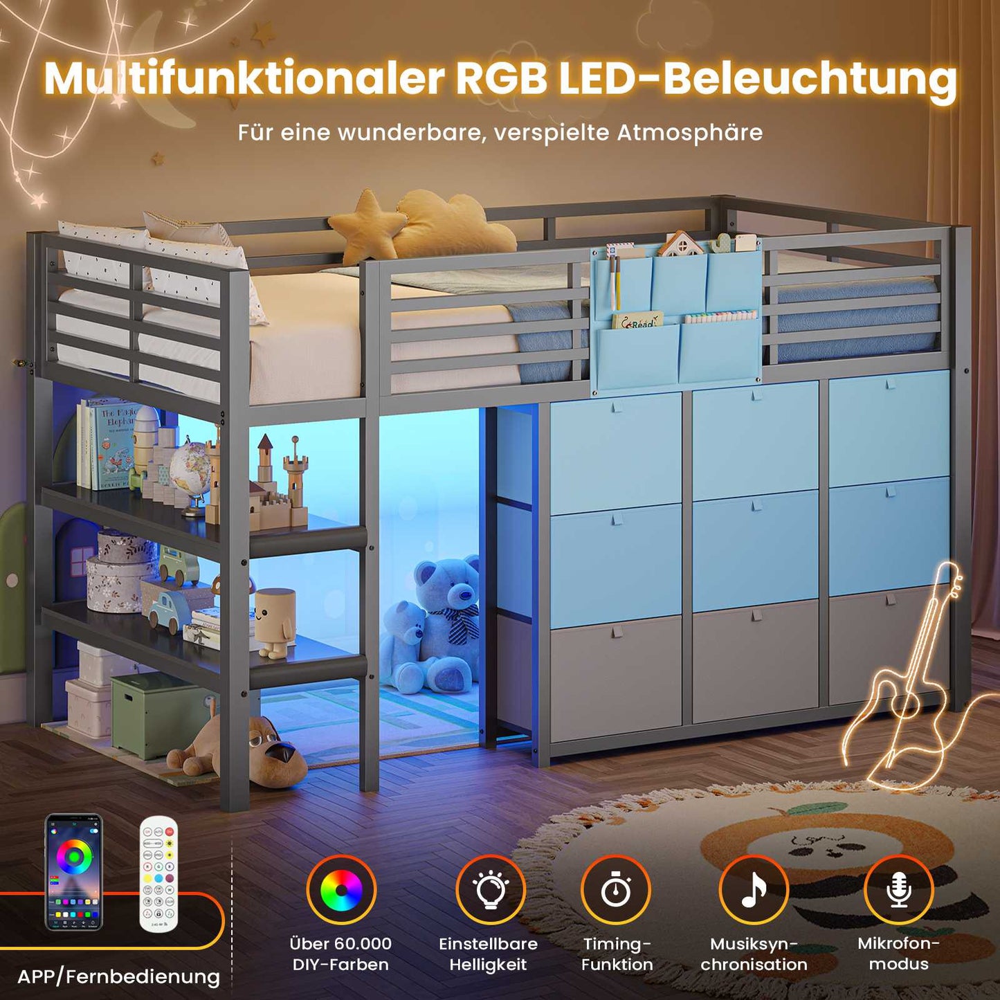 AOGLLATI Hochbett 90x200 mit LED 9 Schubladen Treppe als Ablagen nutzbar Kinderbett mit Rausfallschutz 32 cm Spielvorhang