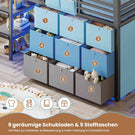 AOGLLATI Hochbett 90x200 mit LED 9 Schubladen Treppe als Ablagen nutzbar Kinderbett mit Rausfallschutz 32 cm Spielvorhang