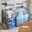 AOGLLATI Hochbett 90x200 mit LED 9 Schubladen Treppe als Ablagen nutzbar Kinderbett mit Rausfallschutz 32 cm Spielvorhang