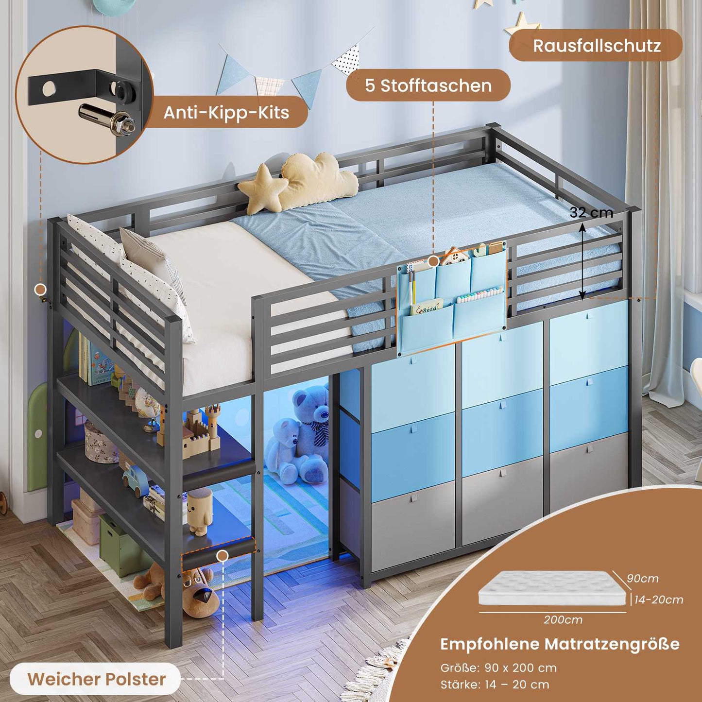 AOGLLATI Hochbett 90x200 mit LED 9 Schubladen Treppe als Ablagen nutzbar Kinderbett mit Rausfallschutz 32 cm Spielvorhang