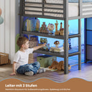AOGLLATI Hochbett 90x200 mit LED 9 Schubladen Treppe als Ablagen nutzbar Kinderbett mit Rausfallschutz 32 cm Spielvorhang