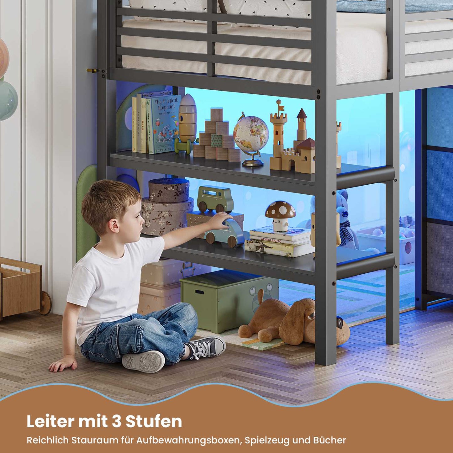 AOGLLATI Hochbett 90x200 mit LED 9 Schubladen Treppe als Ablagen nutzbar Kinderbett mit Rausfallschutz 32 cm Spielvorhang