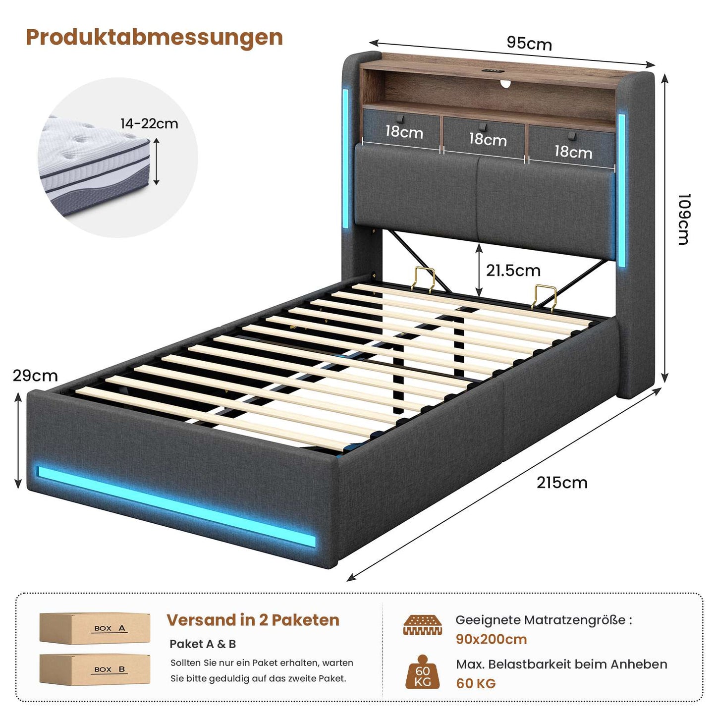 AOGLLATI Polsterbett 90x200 mit Hydraulisch Stauraum 3 schubladen und LED Jugendbett 90x200 mit Ladestation Stauraum Kopfteil