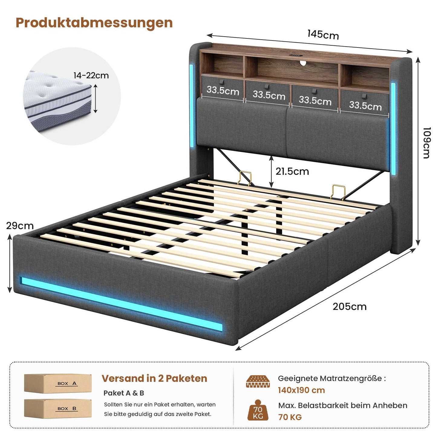 AOGLLATI Bett 140x190 mit LED-Beleuchtung 4 Stoffschubladen & Hydraulik Polsterbett mit Ladestation Stauraum Kopfteil Lattenrost