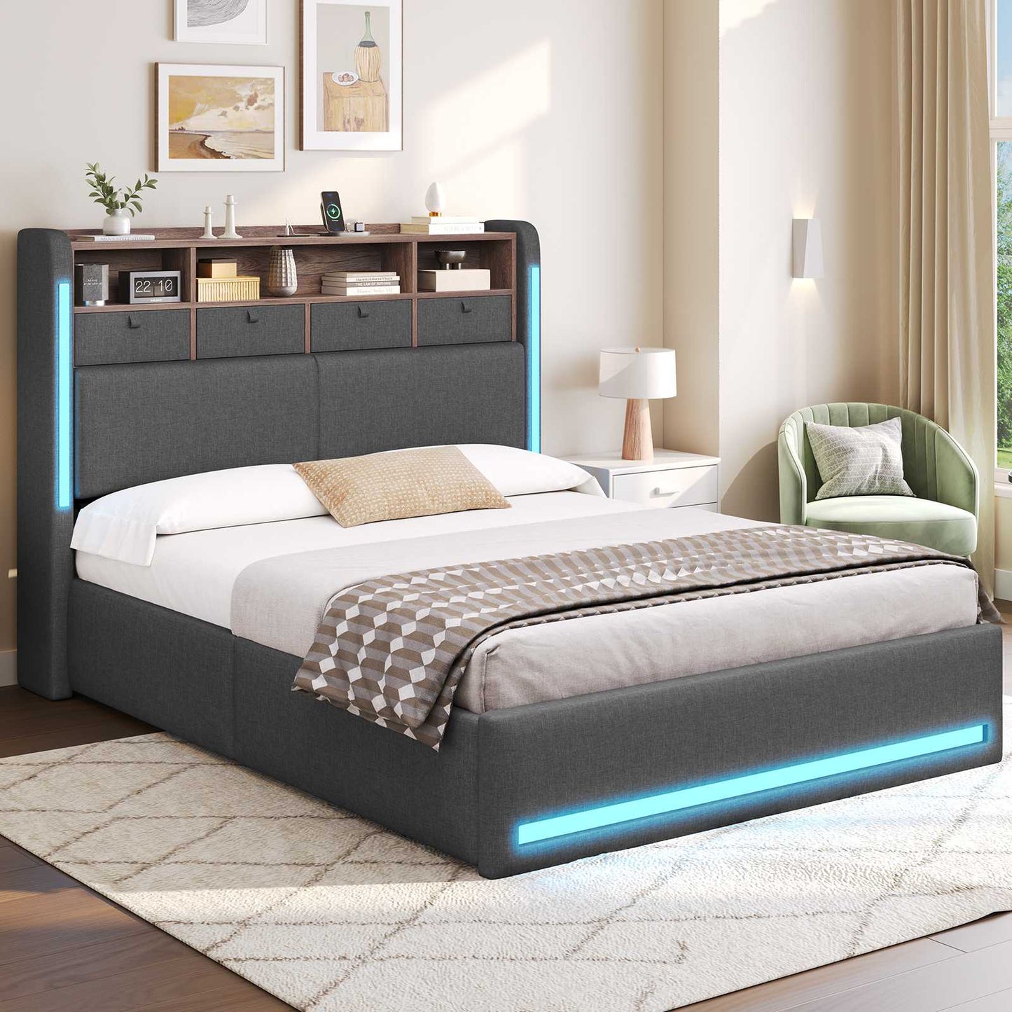 AOGLLATI Bett 140x190 mit LED-Beleuchtung 4 Stoffschubladen & Hydraulik Polsterbett mit Ladestation Stauraum Kopfteil Lattenrost