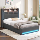 AOGLLATI Polsterbett 90x190 mit Hydraulisch Stauraum 3 schubladen und LED Jugendbett 90x190 mit Ladestation Stauraum Kopfteil