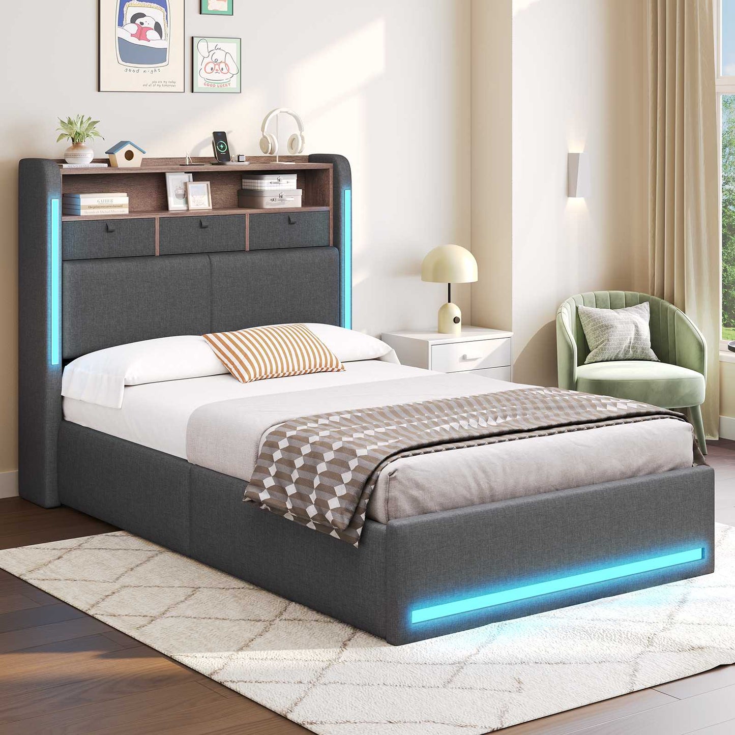 AOGLLATI Polsterbett 90x200 mit Hydraulisch Stauraum 3 schubladen und LED Jugendbett 90x200 mit Ladestation Stauraum Kopfteil