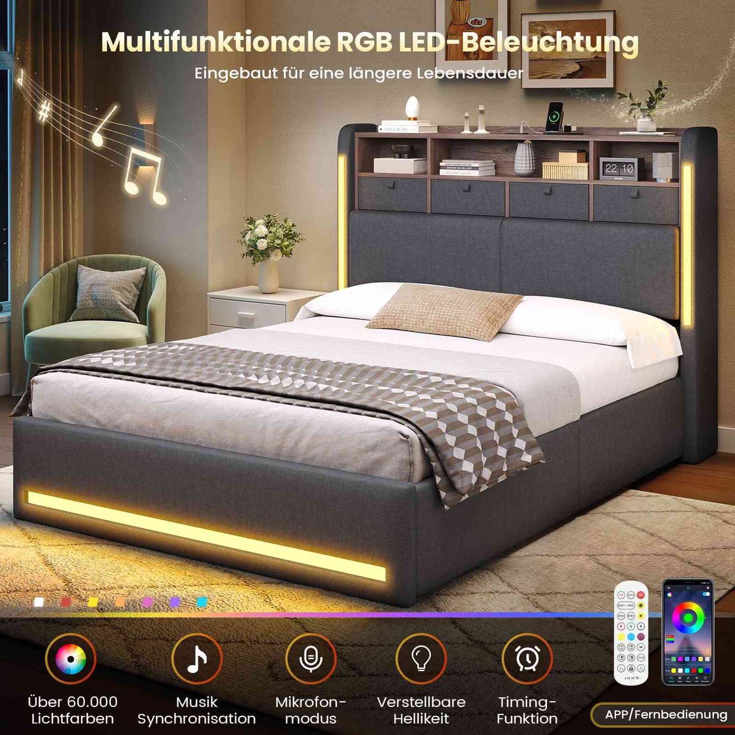 AOGLLATI Bett 140x190 mit LED-Beleuchtung 4 Stoffschubladen & Hydraulik Polsterbett mit Ladestation Stauraum Kopfteil Lattenrost