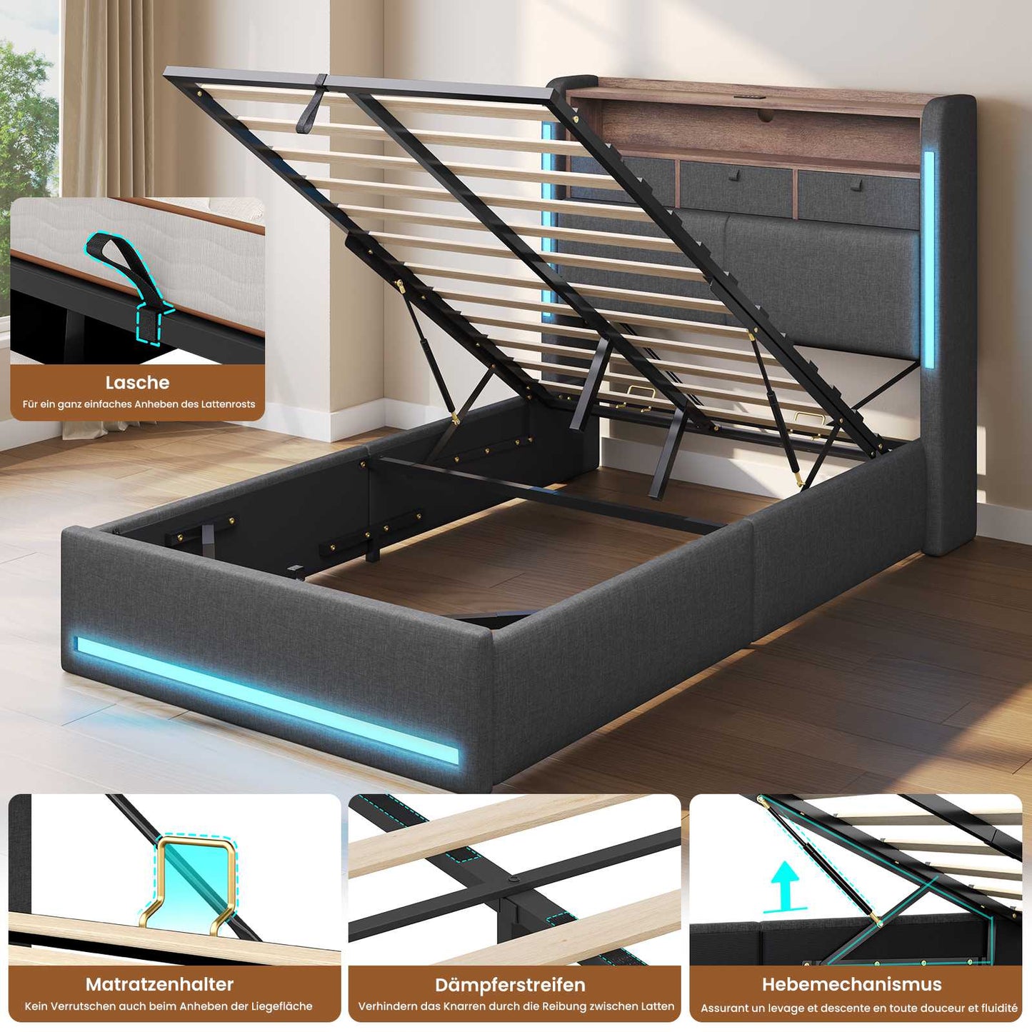 AOGLLATI Polsterbett 90x200 mit Hydraulisch Stauraum 3 schubladen und LED Jugendbett 90x200 mit Ladestation Stauraum Kopfteil