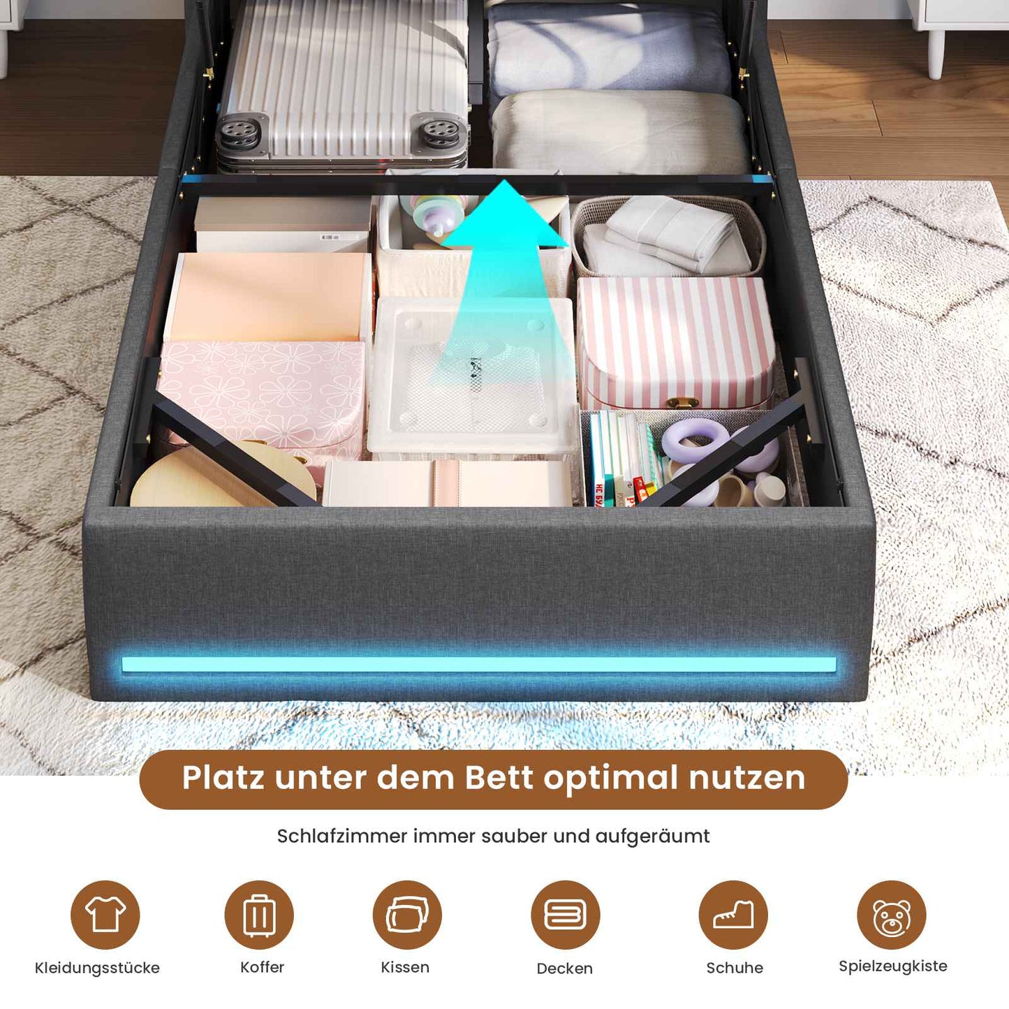 AOGLLATI Polsterbett 90x200 mit Hydraulisch Stauraum 3 schubladen und LED Jugendbett 90x200 mit Ladestation Stauraum Kopfteil