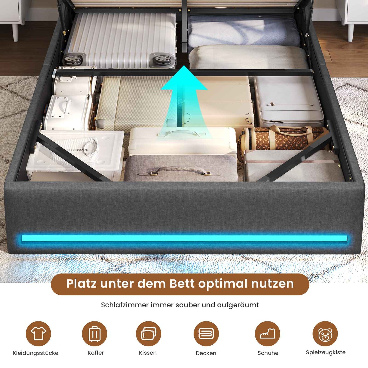 AOGLLATI Bett 140x190 mit LED-Beleuchtung 4 Stoffschubladen & Hydraulik Polsterbett mit Ladestation Stauraum Kopfteil Lattenrost