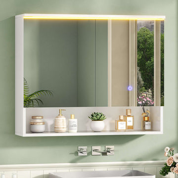 AOGLLATI Spiegelschrank Bad mit LED-Beleuchtung und Steckdose 80 cm Breit | Doppeltür Badschrank mit HD Spiegel Verstellbaren Ablagen Offenes Regal