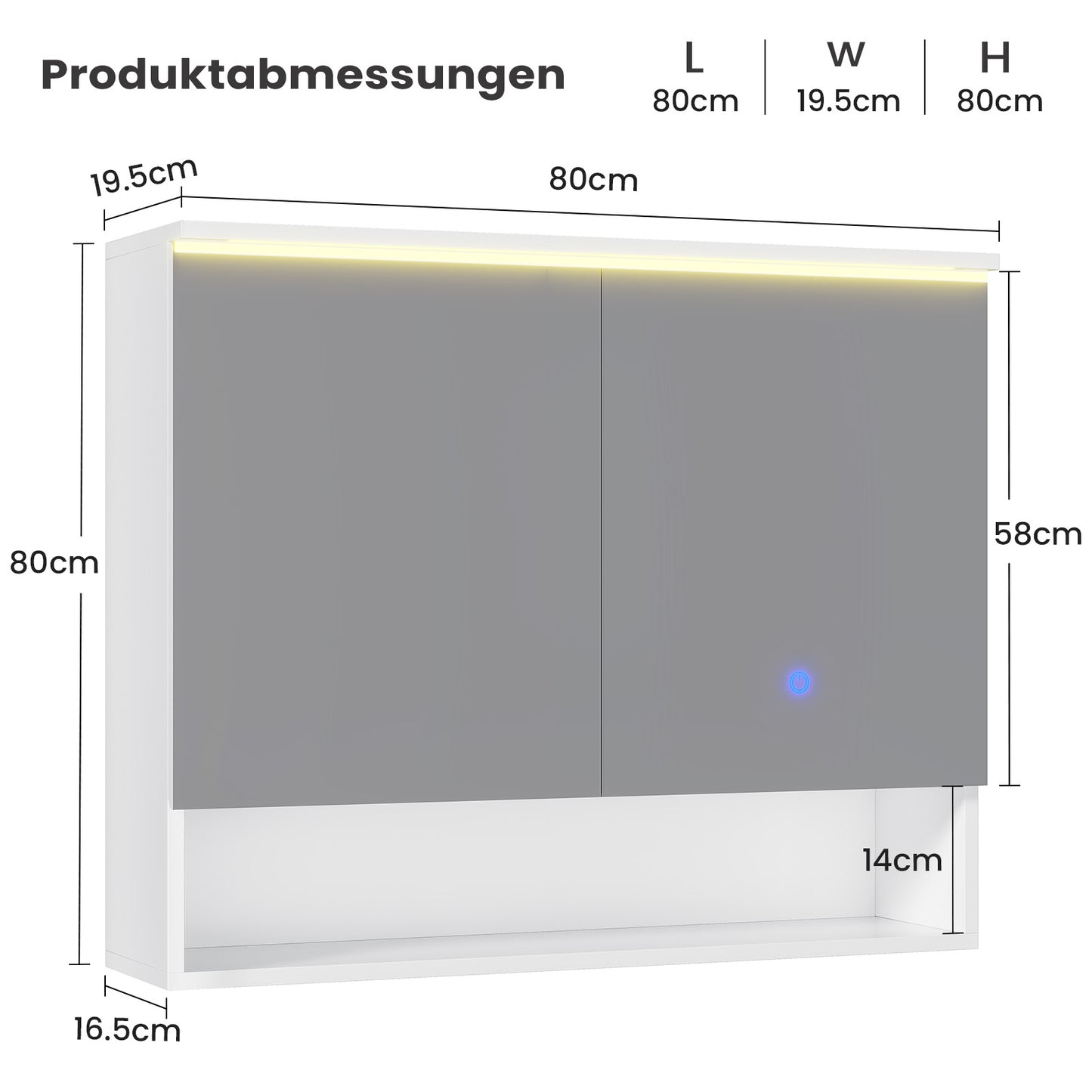 AOGLLATI Spiegelschrank Bad mit LED-Beleuchtung und Steckdose 80 cm Breit | Doppeltür Badschrank mit HD Spiegel Verstellbaren Ablagen Offenes Regal