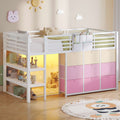 AOGLLATI Hochbett 90x200 mit LED 9 Schubladen Treppe als Ablagen nutzbar Kinderbett mit Rausfallschutz 32 cm Spielvorhang
