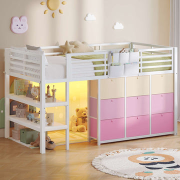 AOGLLATI Hochbett 90x200 mit LED 9 Schubladen Treppe als Ablagen nutzbar Kinderbett mit Rausfallschutz 32 cm Spielvorhang