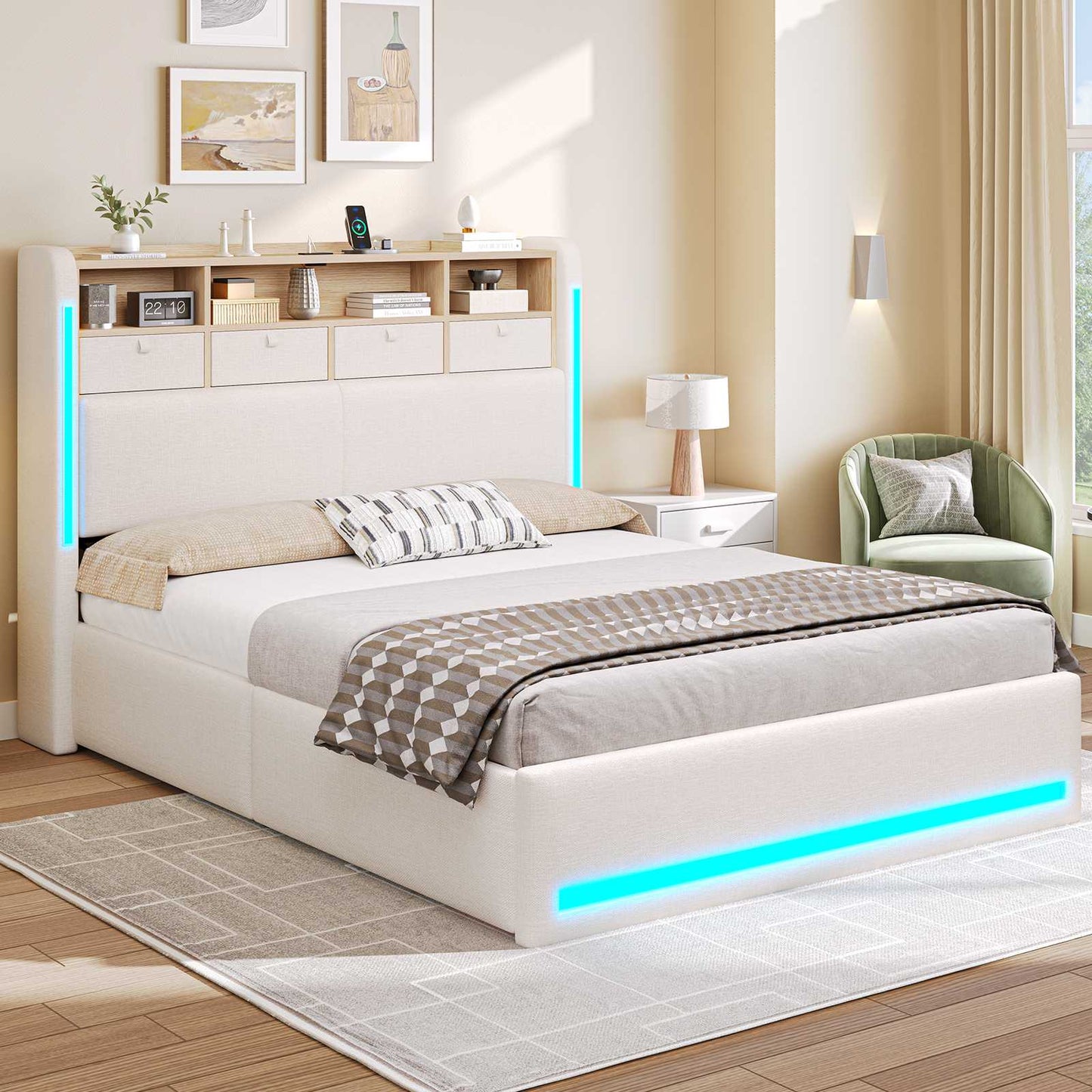 AOGLLATI Bett 140x190 mit LED-Beleuchtung 4 Stoffschubladen & Hydraulik Polsterbett mit Ladestation Stauraum Kopfteil Lattenrost